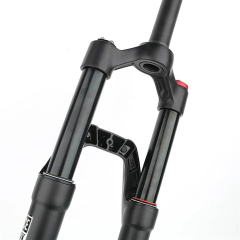 Close-up of 100mm Travel Threadless Front Suspension Fork For 27.5 Inch Mountain Bikes With Disc Brake Compatibility And Mechanical Lockout