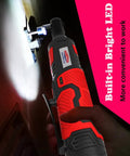 Three Eighths Inch Cordless Ratchet Wrench Set with Extended Reach and Up to Forty Foot Pounds of Torque, LED illuminated in dark.