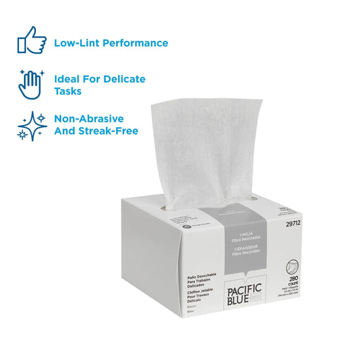 Front view of white Pacific Blue basic tissue box with tissue pulled out; 280-count recycled fiber.