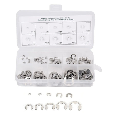120 Piece E Clip Set In Stainless Steel External Retaining Rings Circlips From 1.5mm To 10mm with Smooth No Burr Edges