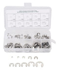 120 Piece E Clips Assortment Kit Heat Treated External Retaining Clips Stainless Steel Snap Rings 1.5mm to 10mm for Bearings and Gears in a Handy Organized Slot Case, open case