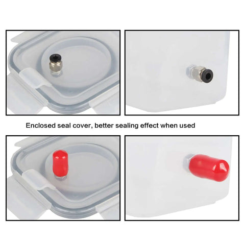 4 close-up views of 3D Printer Filament Dry Box Tubing Kit with quick connect fittings, sealing plugs for reliable prints
