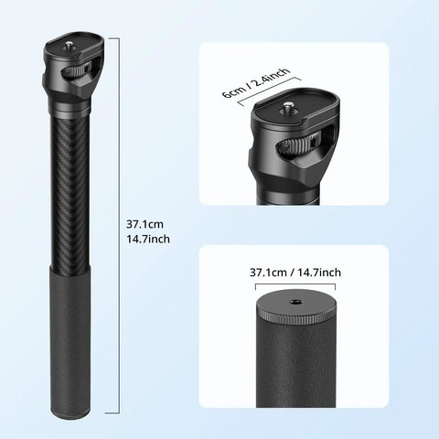 Game Changing Carbon Fiber Gimbal Extension Pole For Dji Rs Stabilizers showing length and adapter; 37.1cm/14.7inch, durable carbon material.