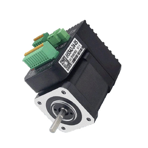 Front view of Integrated Step Servo Motor System with 0.48 Nm output and 1000 line encoder closed loop, compact design.