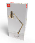 Packaging of Clamp-On Swing Arm Desk Lamp In White With Nickel Accents 31.5 Inch Reach On Off Rotary Switch Book Reading Light