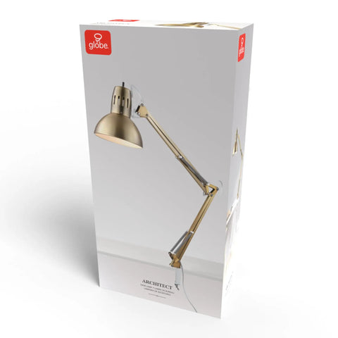 Packaging of Clamp-On Swing Arm Desk Lamp In White With Nickel Accents 31.5 Inch Reach On Off Rotary Switch Book Reading Light