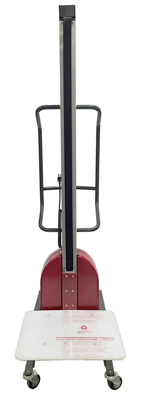 Heavy Duty Electric Lift Work Positioner Truck With 330 Lbs Capacity And 67 Inch Raised Platform Height, front view showing steel gantry and smooth wheels.