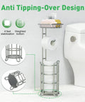 Free Standing Toilet Paper Holder With Extra Top Shelf For Phone And Wipes, Mega Roll Capacity, Durable Steel Silver Finish shown