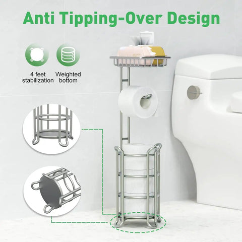 Free Standing Toilet Paper Holder With Extra Top Shelf For Phone And Wipes, Mega Roll Capacity, Durable Steel Silver Finish shown