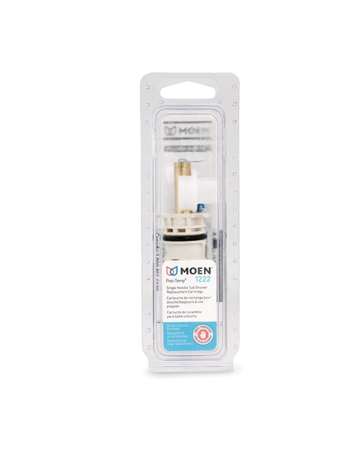Posi Temp Tub And Shower Replacement Cartridge 1222 in retail packaging with brass and plastic components, front view