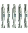 Five silver HSS 2-flute double-end center-cut end mills, front view, 1/2in flute length