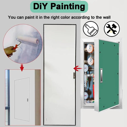 No Sweat Heavy Duty Flush Mount Aluminum Drywall Access Panel Paintable Wall Inspection Door shown in DIY painting instructions.