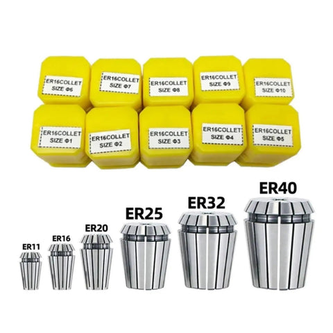 Premium High Precision ER25 Spring Collet Set For CNC Machining And Engraving Machines showcasing various collet sizes in yellow and silver.