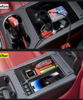 Before and after installation of Center Console Organizer Tray For Porsche Cayenne 2018 2023 Armrest Storage Box