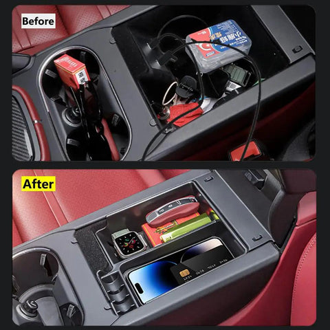 Before and after installation of Center Console Organizer Tray For Porsche Cayenne 2018 2023 Armrest Storage Box