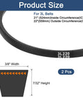 Two Pack Classic Wrapped Rubber V Belt 22 Inch Outside Circumference 3L Profile Three Eighths Inch Width Seven Thirty Second Inch Height Heavy Duty Industrial Drive Belts For Tools And Machinery size diagram, 2 pcs