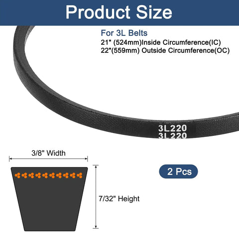 Two Pack Classic Wrapped Rubber V Belt 22 Inch Outside Circumference 3L Profile Three Eighths Inch Width Seven Thirty Second Inch Height Heavy Duty Industrial Drive Belts For Tools And Machinery size diagram, 2 pcs
