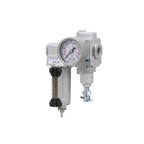 SAU220T N02G MEP Mini All In One Compressed Air Filter Regulator Combo One Quarter Inch NPT with gauge and metal bowl, side view