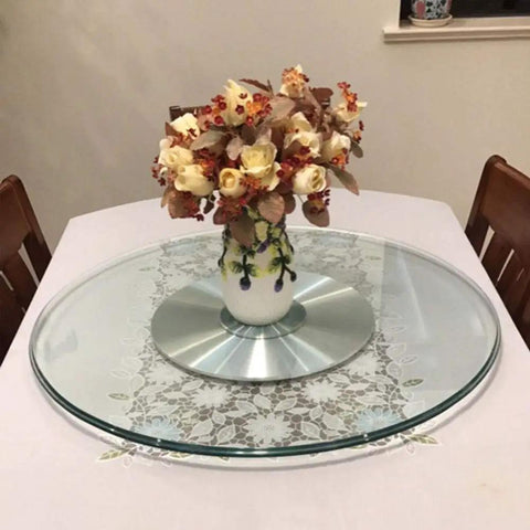 Rotating Lazy Susan Turntable With Glass Top And Silent Bearing on dining table, decorative vase centered, 360-degree swivel, adjustable size