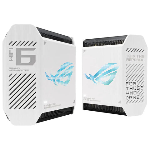 ROG Rapture GT6 Tri Band WiFi 6 Mesh System for Gaming, White, 2 Pack, showing mesh router design with blue logo.