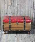 Top Shelf Retro Storage Ottoman And Footrest Legit Favorite For Living Room Bedroom Or Entryway Sturdy Convertible Bench With Deep Compartments Solid Wood Industrial Shoe Stool In Bold Red with wooden legs and red cushion