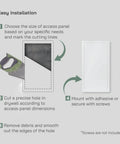Easy installation steps for White Metal Wall Access Panel For Drywall Plumbing And Electrical Service Hatch with cutting advice.