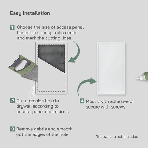 Easy installation steps for White Metal Wall Access Panel For Drywall Plumbing And Electrical Service Hatch with cutting advice.