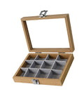 Premium Solid Wood Stackable Jewelry Tray Featuring 12 Grids For Earrings And Trinkets Pro Grade Display Organizer Box open with gray compartments