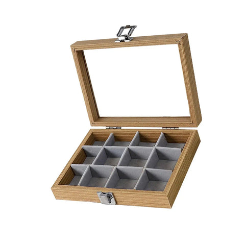 Premium Solid Wood Stackable Jewelry Tray Featuring 12 Grids For Earrings And Trinkets Pro Grade Display Organizer Box open with gray compartments