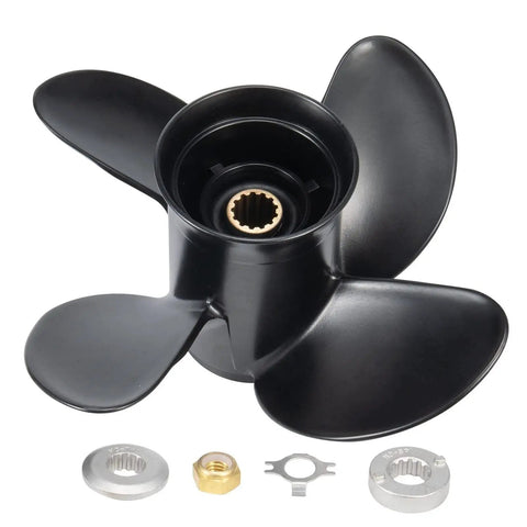 Aluminum Four Blade Propeller 10.63 X 12 Pitch For Mercury Outboard Motors 25 70 HP Right Hand Rotation 13 Spline With Hub Nut Kit