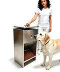 Built Tough Stainless Steel Dog Feeder For Large Breeds 50 Pound Automatic Kibble Dispenser with a Labrador dog.