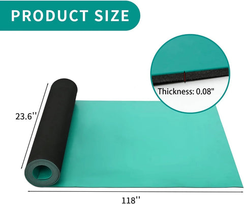 Front view of green ESD anti-static mat roll partially unrolled on desk; 23.6" x 118", 0.08" thick.