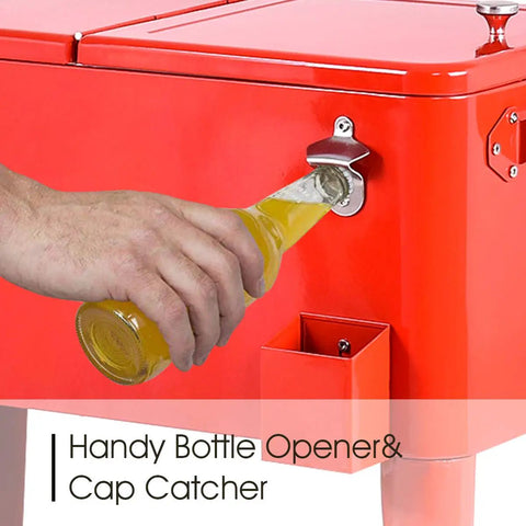 80 Quart Rolling Cooler Cart With Bottle Opener And Catch Tray For Parties And Bar Nights Red Durable Steel Close-Up
