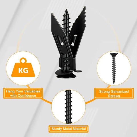 Self Drilling Drywall Anchors And Screws Kit 180 Pc Metal Fasteners For Hanging Mirrors Picture Frames Shelves Clocks Home Improvement Easy Install Heavy Duty Load Bearing Wall Mounting Perfect For DIY Projects And Everyday Home Decor, black metal anchor and screw