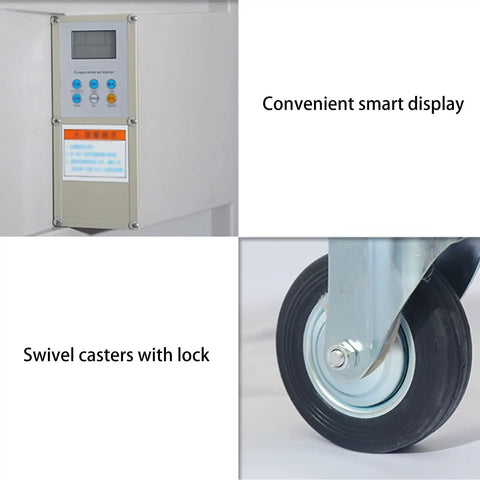 Portable Evaporative Air Cooler With Three Adjustable Speeds And Remote Control, smart display and swivel caster wheels for mobility.