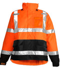 High Visibility Hooded Jacket With Attached Hood For Day And Night Safety Pro Grade ANSI ISEA 107 Type R Class 3 Fluorescent Orange Red And Black Waterproof Breathable 300 Denier Polyester 2 Inch Silver Reflective Tape 360 Degree Conspicuity Large