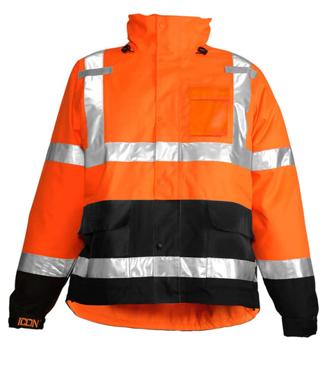High Visibility Hooded Jacket With Attached Hood For Day And Night Safety Pro Grade ANSI ISEA 107 Type R Class 3 Fluorescent Orange Red And Black Waterproof Breathable 300 Denier Polyester 2 Inch Silver Reflective Tape 360 Degree Conspicuity Large