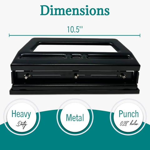 Front view of Workhorse Adjustable 3 Hole Punch for 30 Sheets Heavy Duty Steel Hole Puncher with dimensions and feature icons