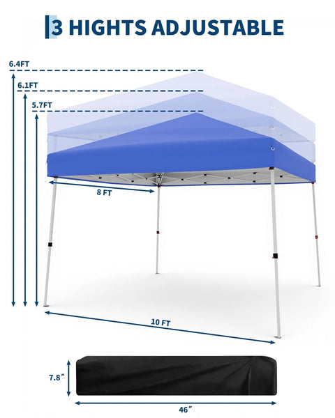 10x10Ft Pop Up Canopy Tent With Slant Legs Instant Gazebo Shelter UV Resistant Waterproof Cover Adjustable Height Heavy Duty Steel Frame Carrying Bag 8x8Ft Shade For Patio Beach Garden And Events with 3 height settings shown