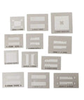 Heavy Duty Universal BGA Reballing Stencil Kit With Solid Metal Holders And Zero Sweat Solder Masks Perfect For DDR1 DDR2 DDR3 Chip Fixes Straight On Your Workbench showing various stencils for DDR chip sizes.