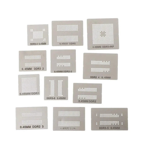 Heavy Duty Universal BGA Reballing Stencil Kit With Solid Metal Holders And Zero Sweat Solder Masks Perfect For DDR1 DDR2 DDR3 Chip Fixes Straight On Your Workbench showing various stencils for DDR chip sizes.