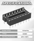Image showing 25Pcs DIP IC Socket Adapters 500V 2.54mm Pitch 16 Flat Pins specifications with voltage and temperature details.