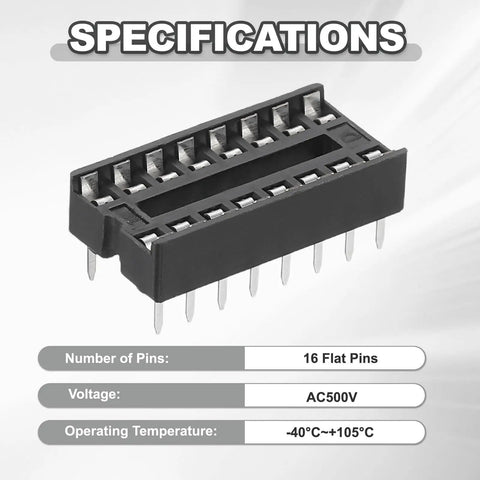 Image showing 25Pcs DIP IC Socket Adapters 500V 2.54mm Pitch 16 Flat Pins specifications with voltage and temperature details.