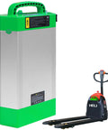 Durable 48V 20Ah Lithium Ion Forklift Battery Upgrade For Electric Pallet Jack next to Heli DC20 pallet jack for reference.
