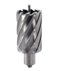 Front view of annular cutter with Weldon shank for magnetic drill press; 1-9/16 in diameter, 2 in depth.