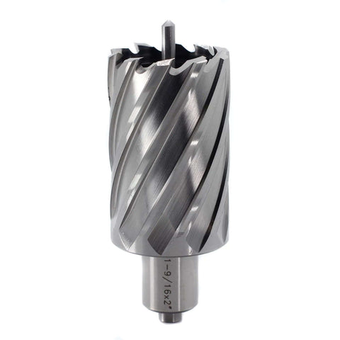 Front view of annular cutter with Weldon shank for magnetic drill press; 1-9/16 in diameter, 2 in depth.