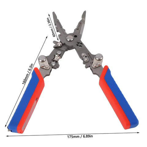 Ftvogue 16 In 1 Multifunctional Wire Stripping Pliers Folding Tool with red and blue rubber handles, 6.89 inches, for cutting cables.