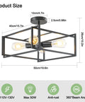 Four Light Black Semi Flush Mount Ceiling Light Fixture With Industrial Farmhouse Style dimensions and specifications