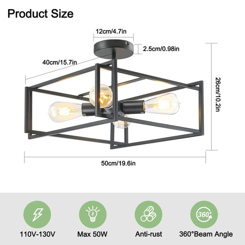 Four Light Black Semi Flush Mount Ceiling Light Fixture With Industrial Farmhouse Style dimensions and specifications