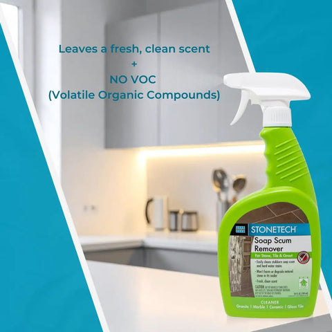 Soap Scum Remover For Natural Stone, Tile And Grout, 24oz Spray Bottle on kitchen counter